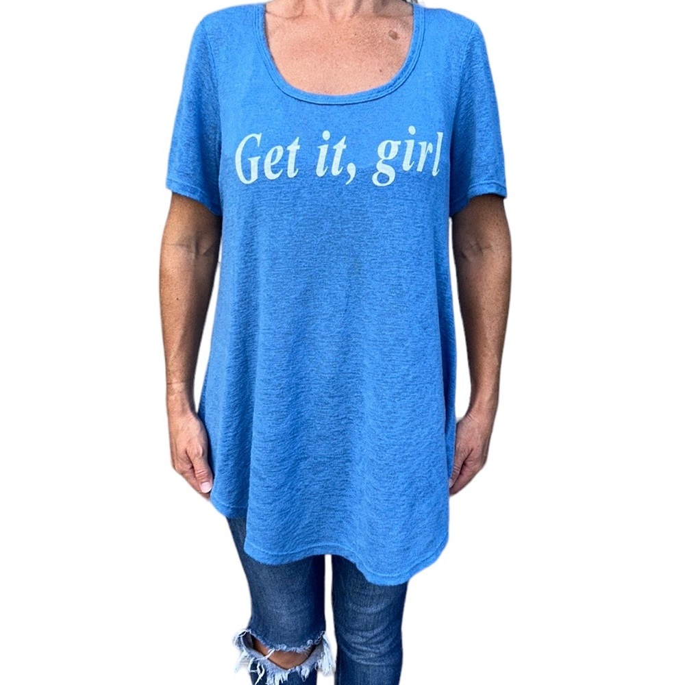 Wallpapher | “Get it, girl” Tunic Blouse Short Sleeves Blue XL‎